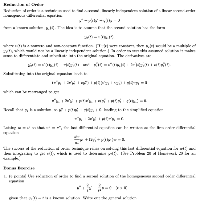Solved Reduction of Order Reduction of order is a technique | Chegg.com