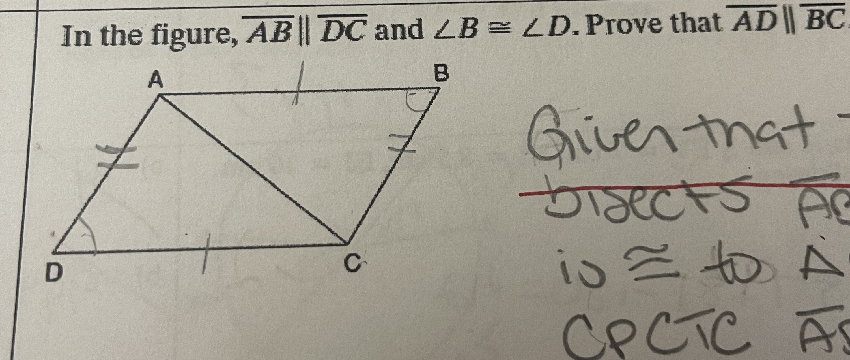 Solved In the figure, AB∥DC and ∠B≅∠D. Prove that AD∥BC | Chegg.com