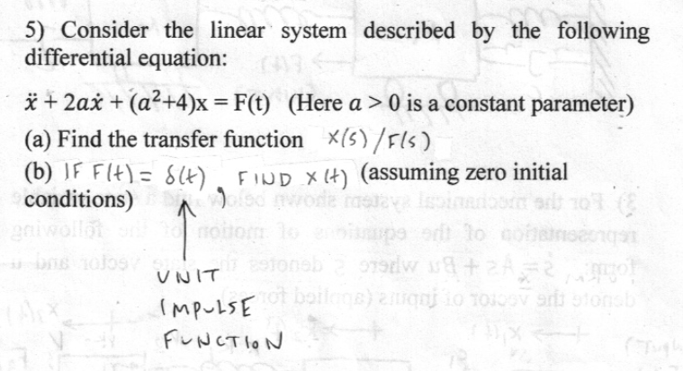 5) Consider the linear system described by the following differential equation:
\( \ddot{x}+2 a \dot{x}+\left(a^{2}+4\right)