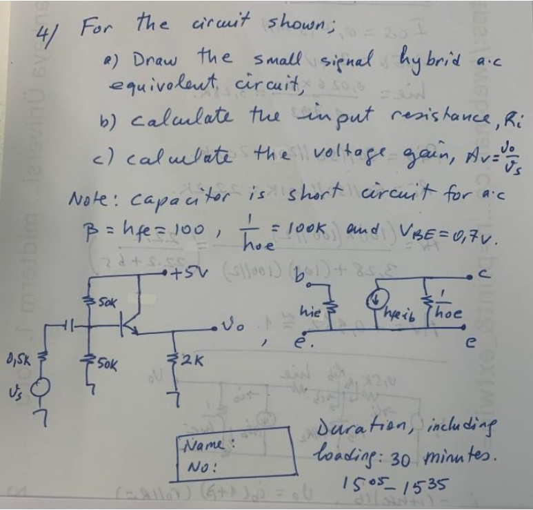 Solved For the cirmit shown; a) Draw the small signal hybrid | Chegg.com