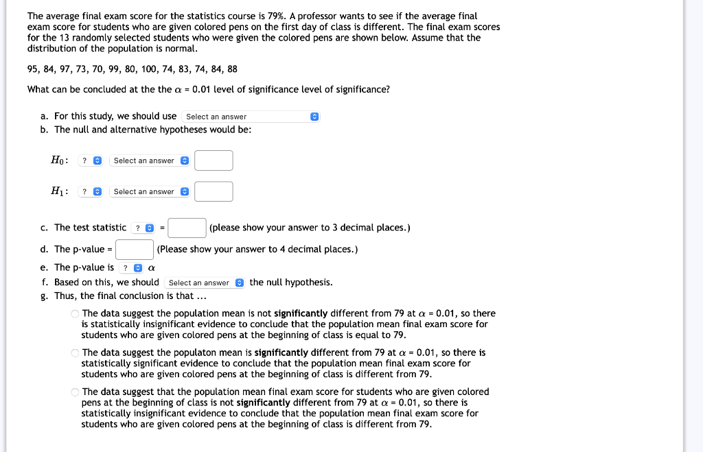 Solved The average final exam score for the statistics | Chegg.com