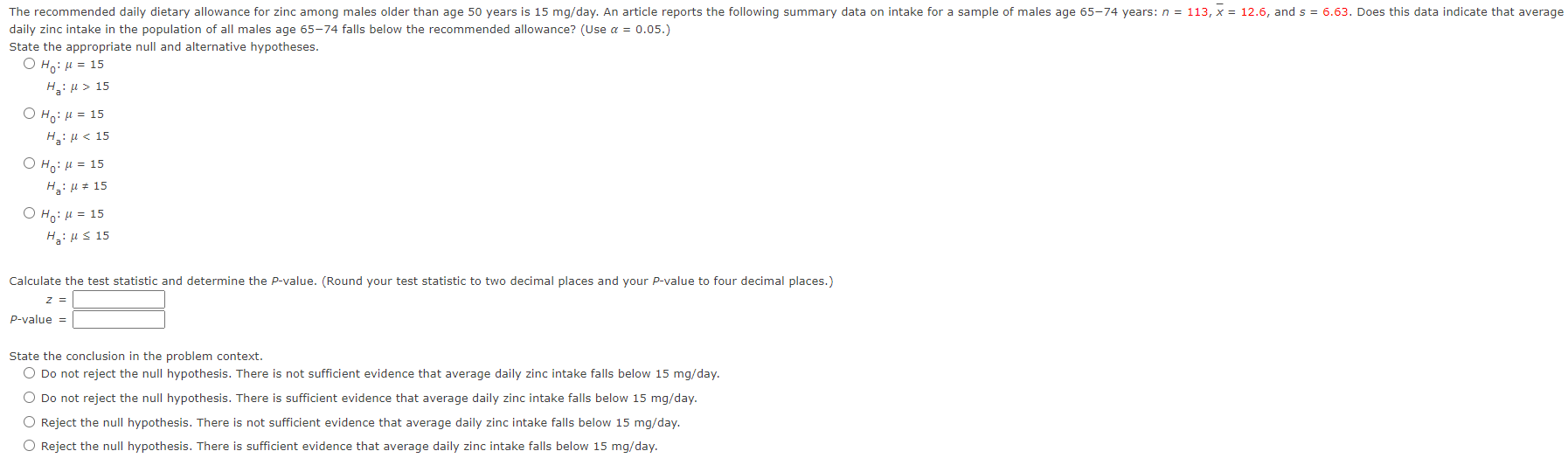 Solved daily zinc intake in the population of all males age
