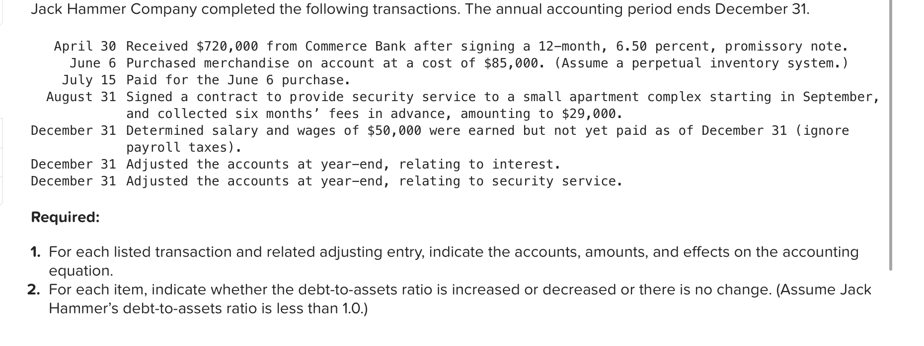 Solved Jack Hammer Company completed the following