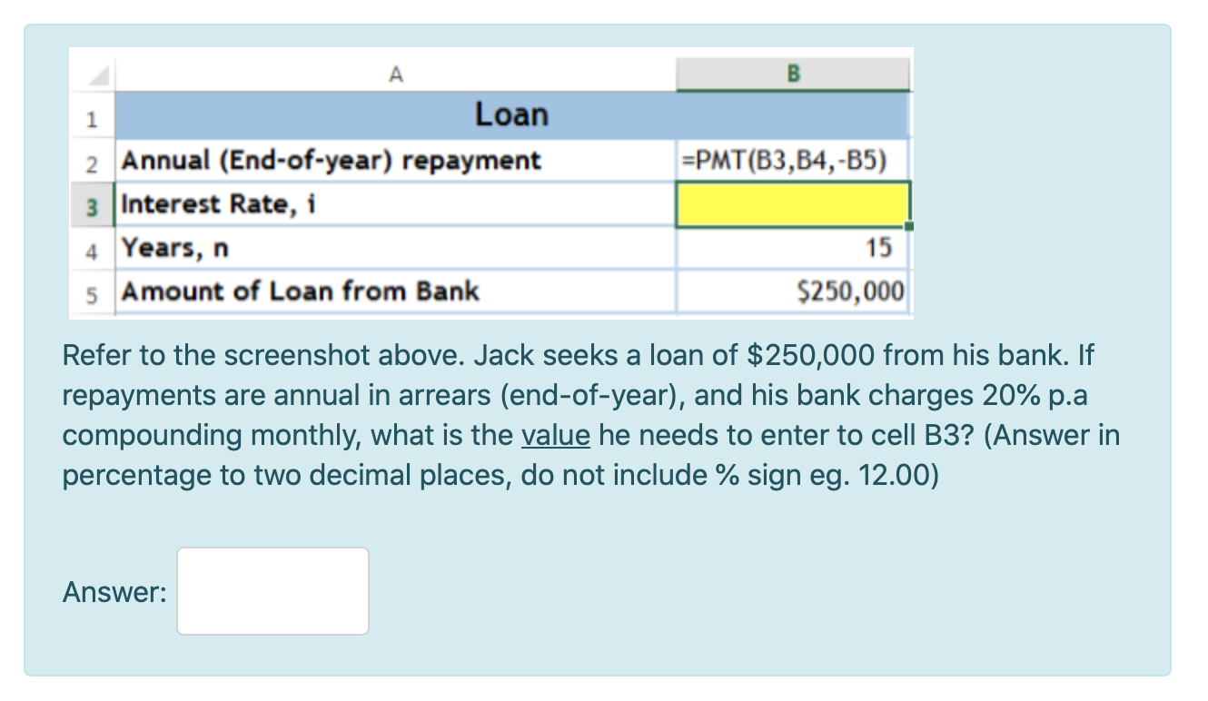 Solved Loan 2 Annual (End-of-year) Repayment =PMT(B3,B4,-B5) | Chegg.com