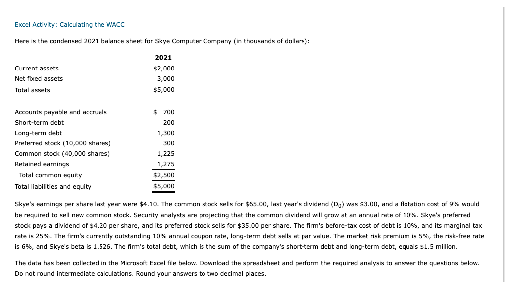 Solved Excel Activity Calculating The Wacc Here Is The 0440