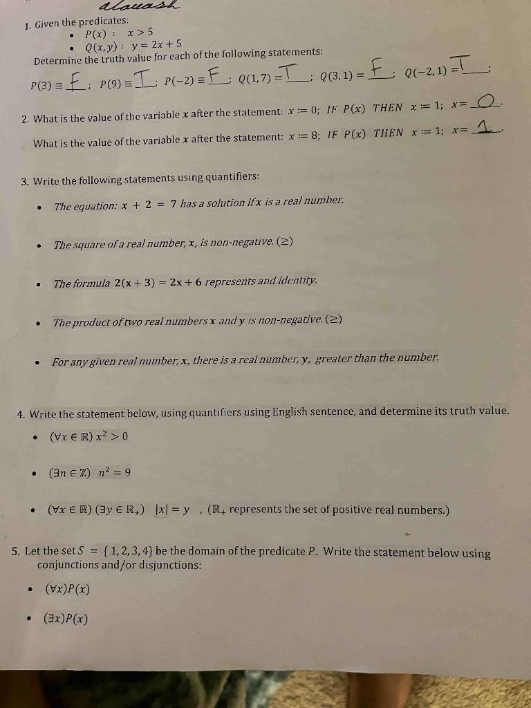 Solved 1. Given the predicates: - P(x):x>5 - Q(x,y):y=2x+5 | Chegg.com