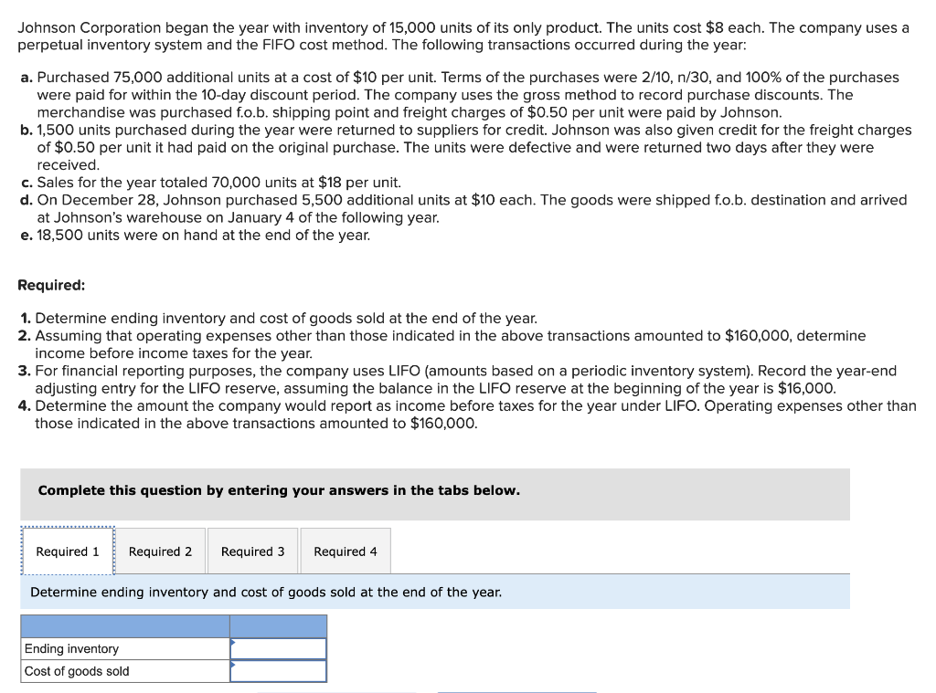 Solved Johnson Corporation began the year with inventory of