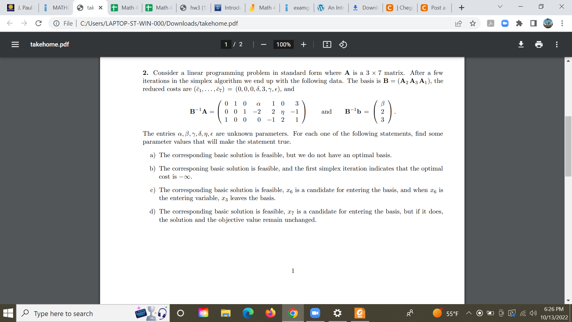 2. Consider a linear programming problem in standard | Chegg.com