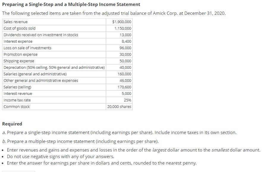 Solved Preparing A Single Step And A Multiple Step Income 8915