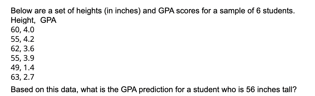 Solved Below are a set of heights (in inches) and GPA scores | Chegg.com