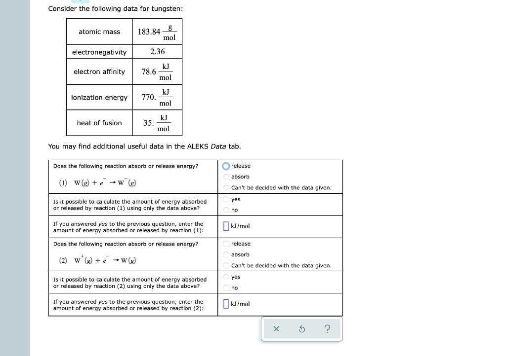 Solved Consider the following data for tungsten atomic mass