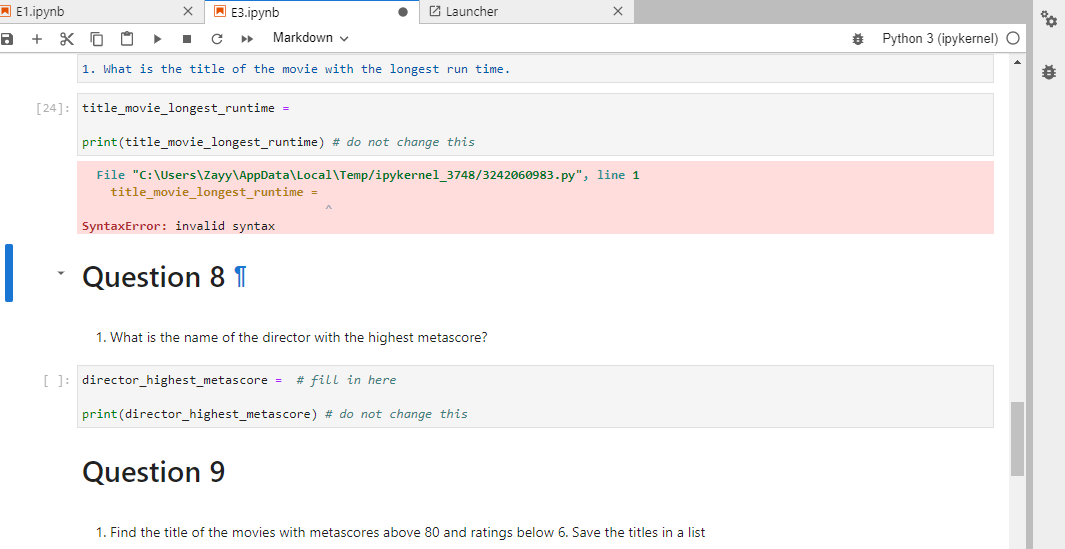 Solved E3.ipynb E Launcher х E1.ipynb XD + с Code # Python 3 | Chegg.com