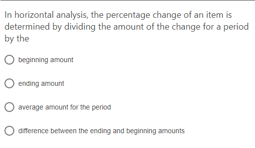 Solved In horizontal analysis, the percentage change of an | Chegg.com