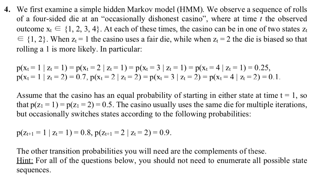 Solved 4. We first examine a simple hidden Markov model | Chegg.com