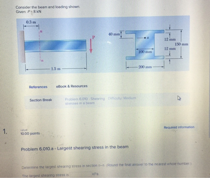 Solved Consider the beam and loading shown. Given: P 8 kN | Chegg.com