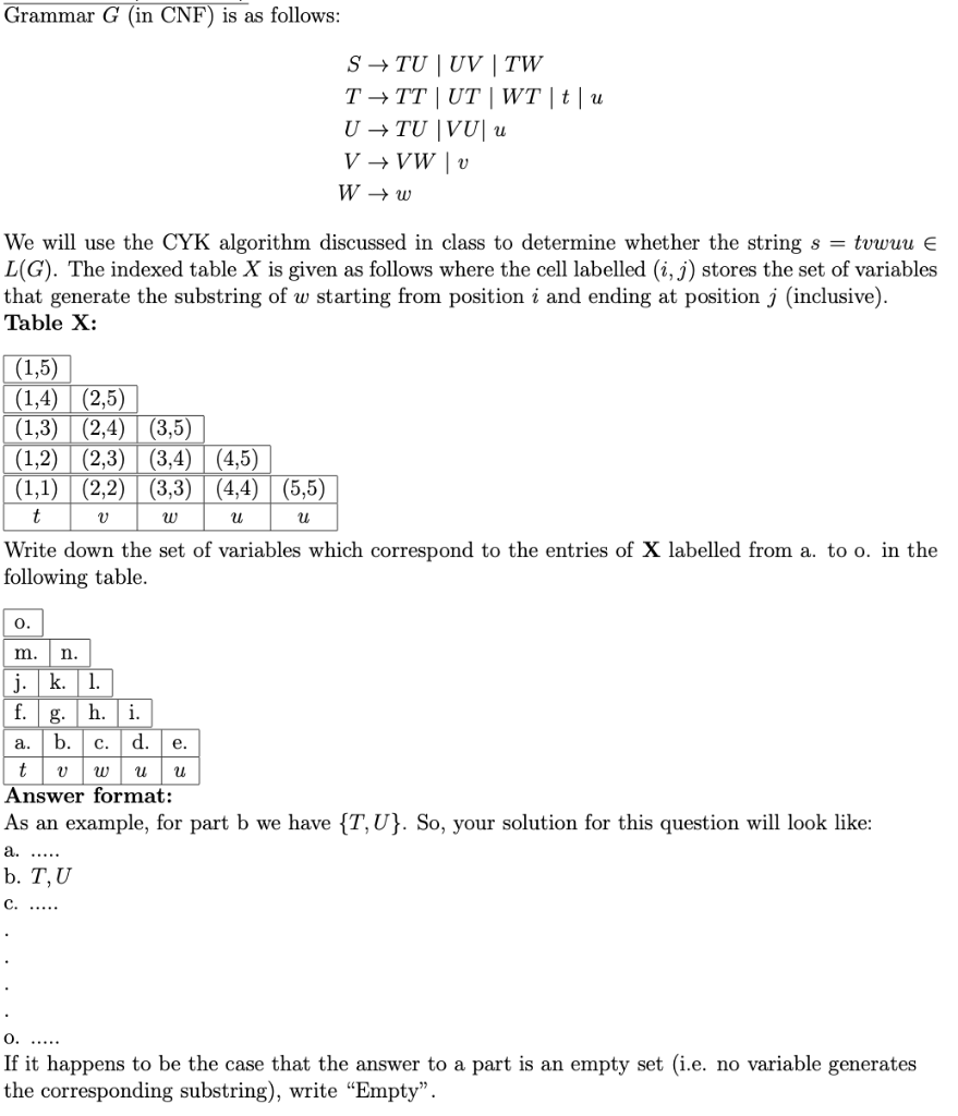 Solved Grammar G In Cnf Is As Follows Stuuv Tw T Tt Chegg Com