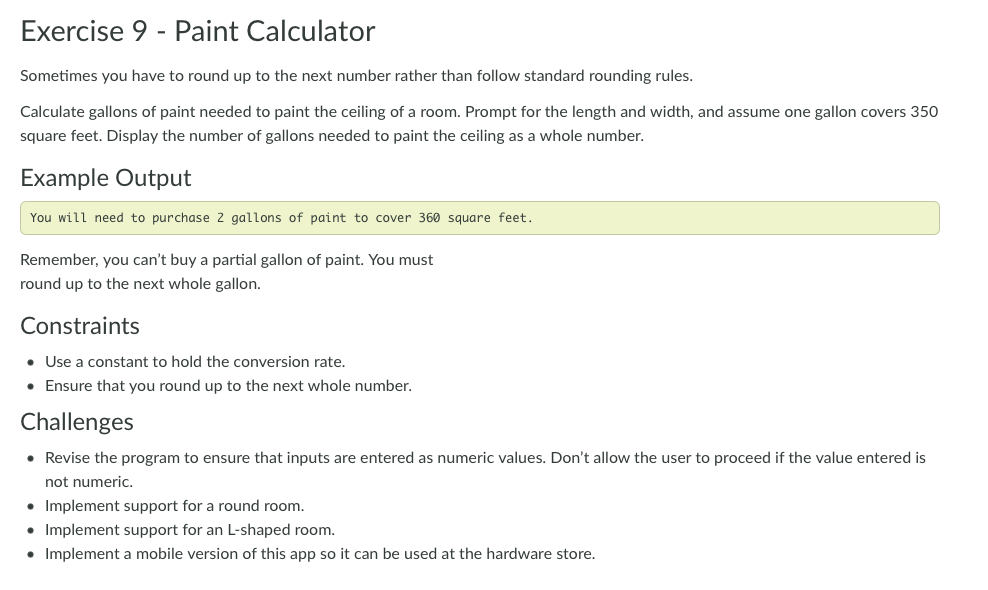 Solved Exercise 9 - Paint Calculator Sometimes you have to