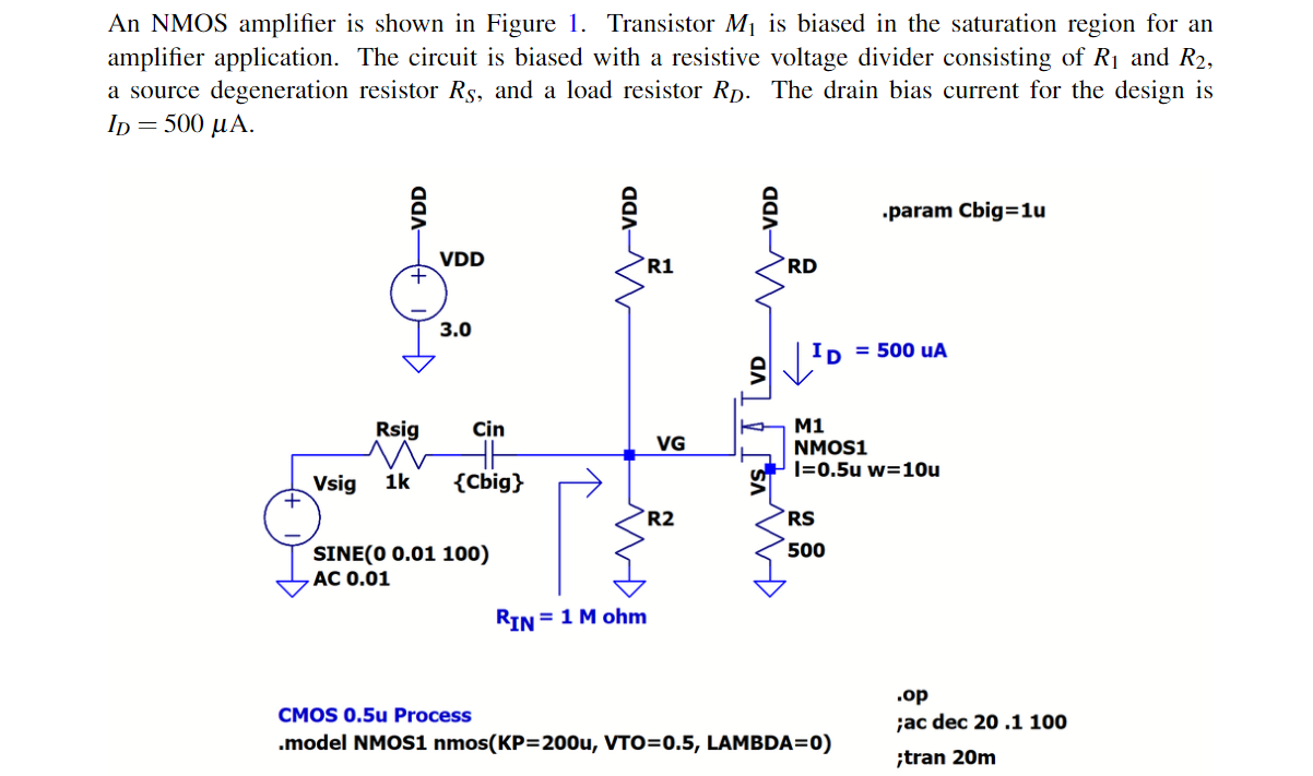 Solved An NMOS amplifier is shown in Figure 1. Transistor Mi | Chegg.com