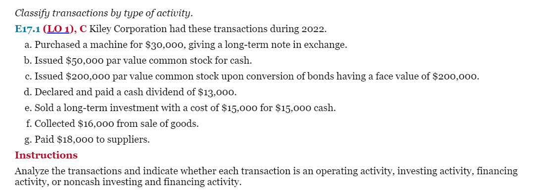 Solved Classify transactions by type of activity. E17.1 (LO | Chegg.com