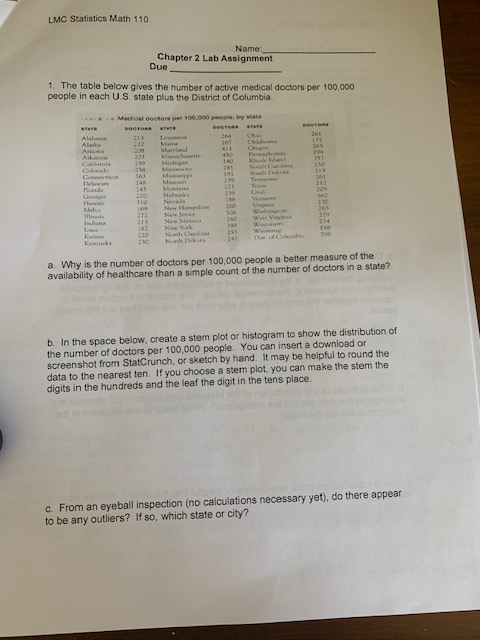 LMC Statistics Math 110 Name Chapter 2 Lab Assignment | Chegg.com
