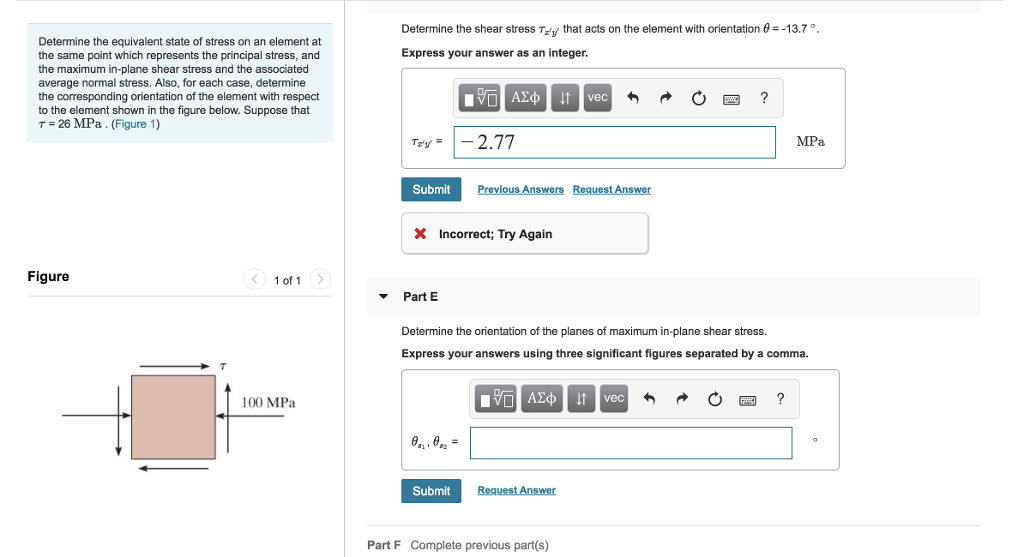 Solved Determine the shear stress Tey, that acts on the | Chegg.com