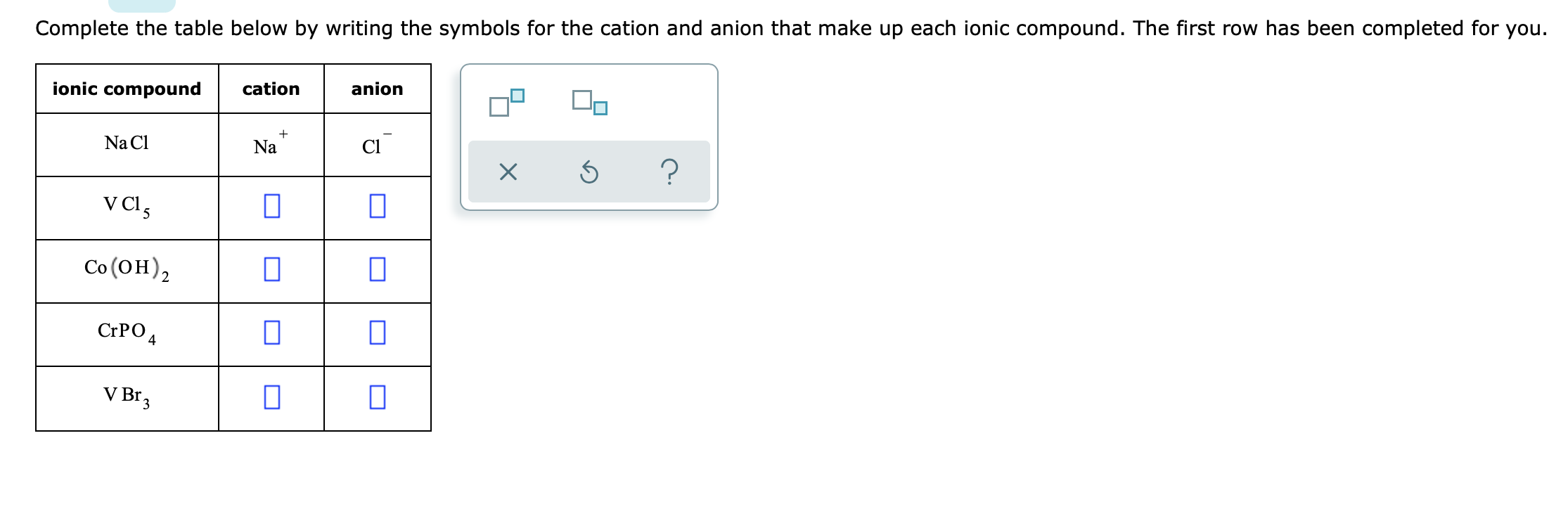 Complete The Table Below By Writing The Symbols For Chegg Com