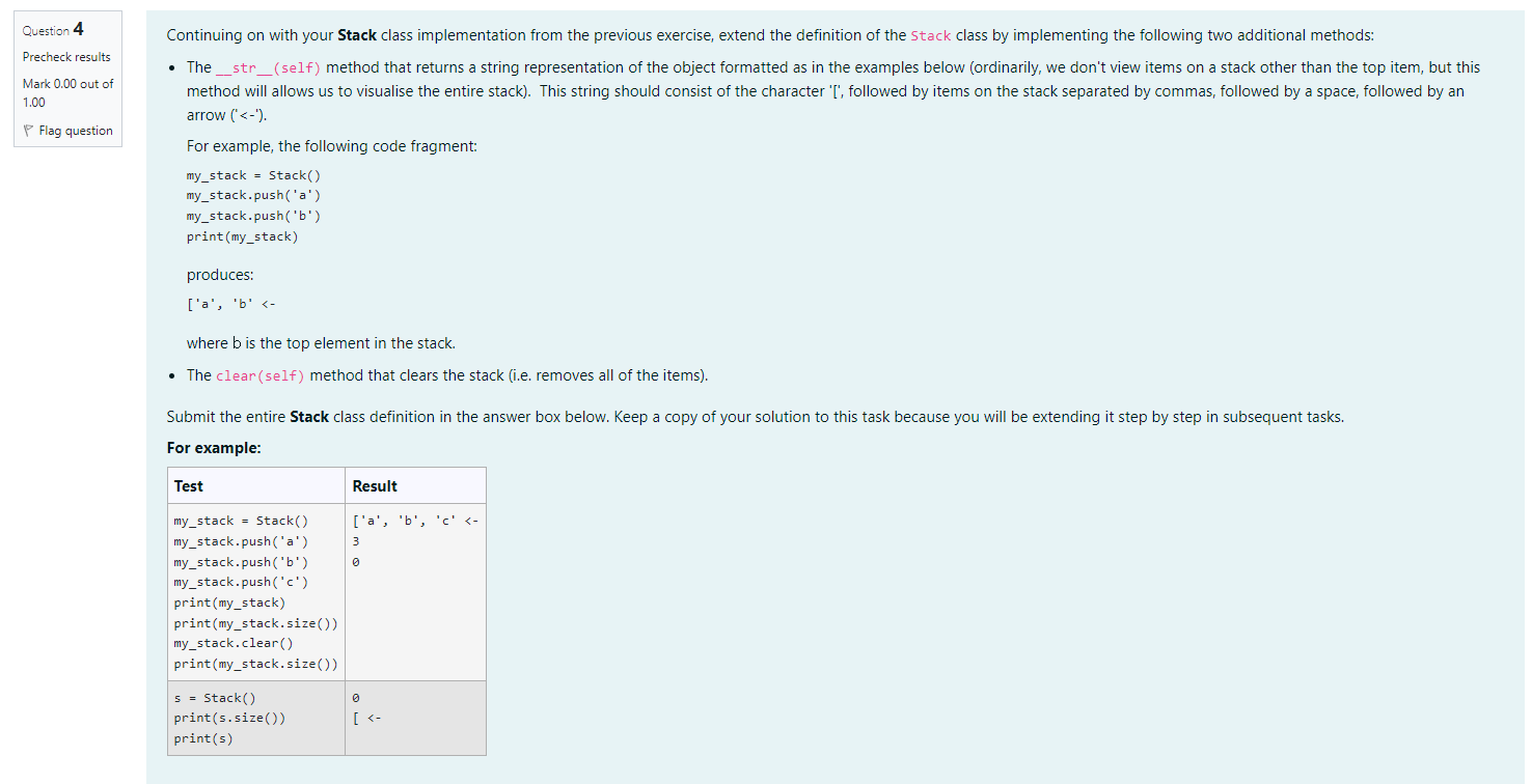 Continuing on with your Stack class implementation from the previous exercise, extend the definition of the Stack class by im