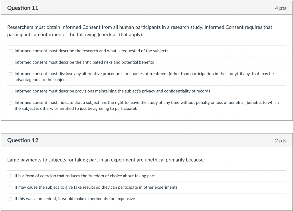 Solved Question 11 4 Pts Researchers Must Obtain Informed Chegg