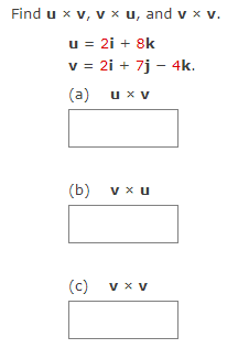 Find \( \mathbf{u} \times \mathbf{v}, \mathbf{v} \times \mathbf{u} \), and \( \mathbf{v} \times \mathbf{v} \). \[ \begin{arra