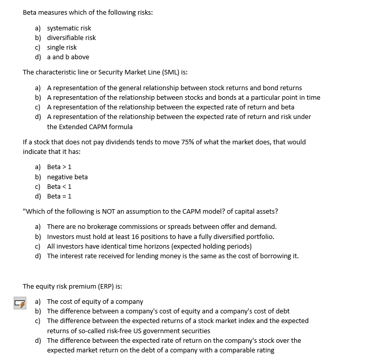 Solved Beta Measures Which Of The Following Risks: A) | Chegg.com