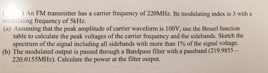Solved An FM transmitter has a carrier frequency of 220MHz. | Chegg.com