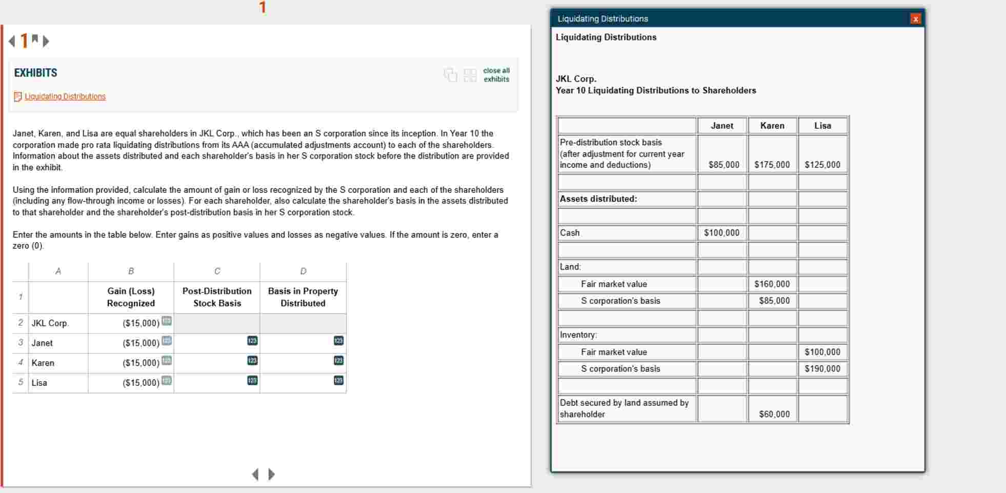 Solved EXHIBITSRLiquidating DistributionsJanet, Karen, and