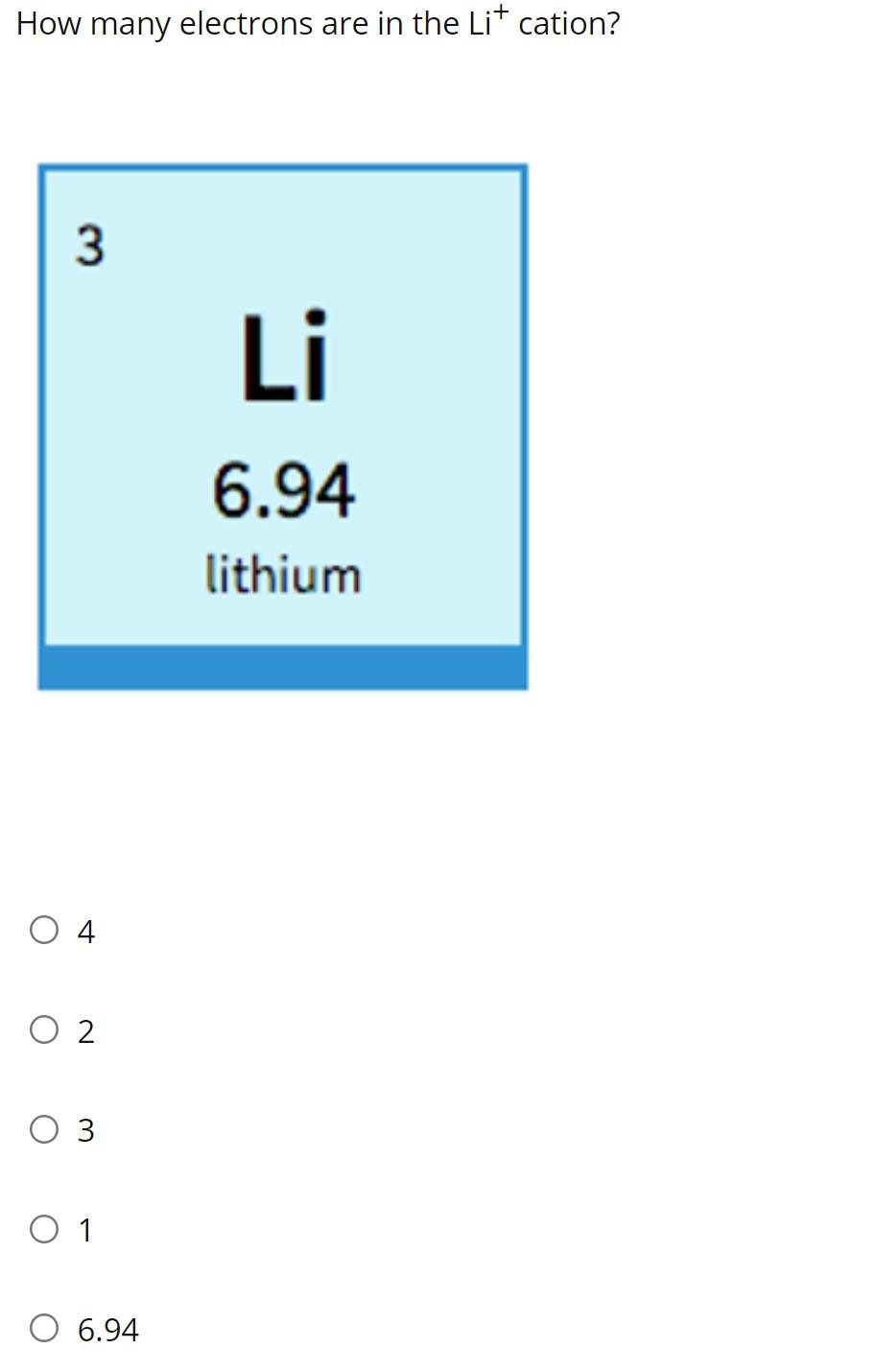 Solved How many electrons are in the Li* cation? 3 Li 6.94 | Chegg.com