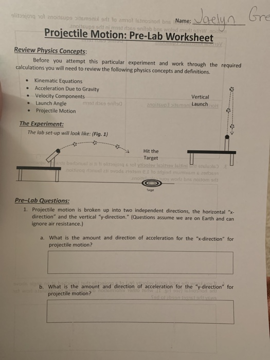 Solved Aonameaely Projectile Motion Pre Lab Worksheet 9892