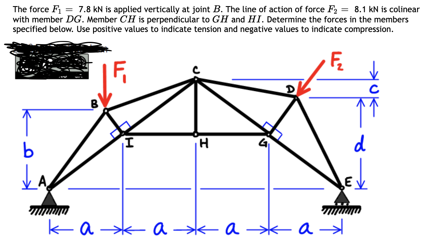 The force F1=7.8kN is applied vertically at joint B. | Chegg.com 