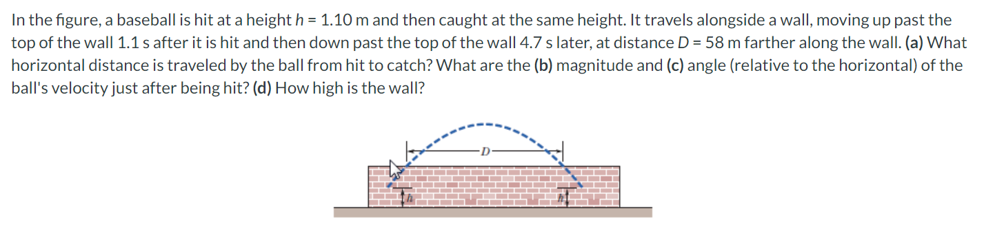 In the figure, a baseball is hit at a height \( h=1.10 \mathrm{~m} \) and then caught at the same height. It travels alongsid