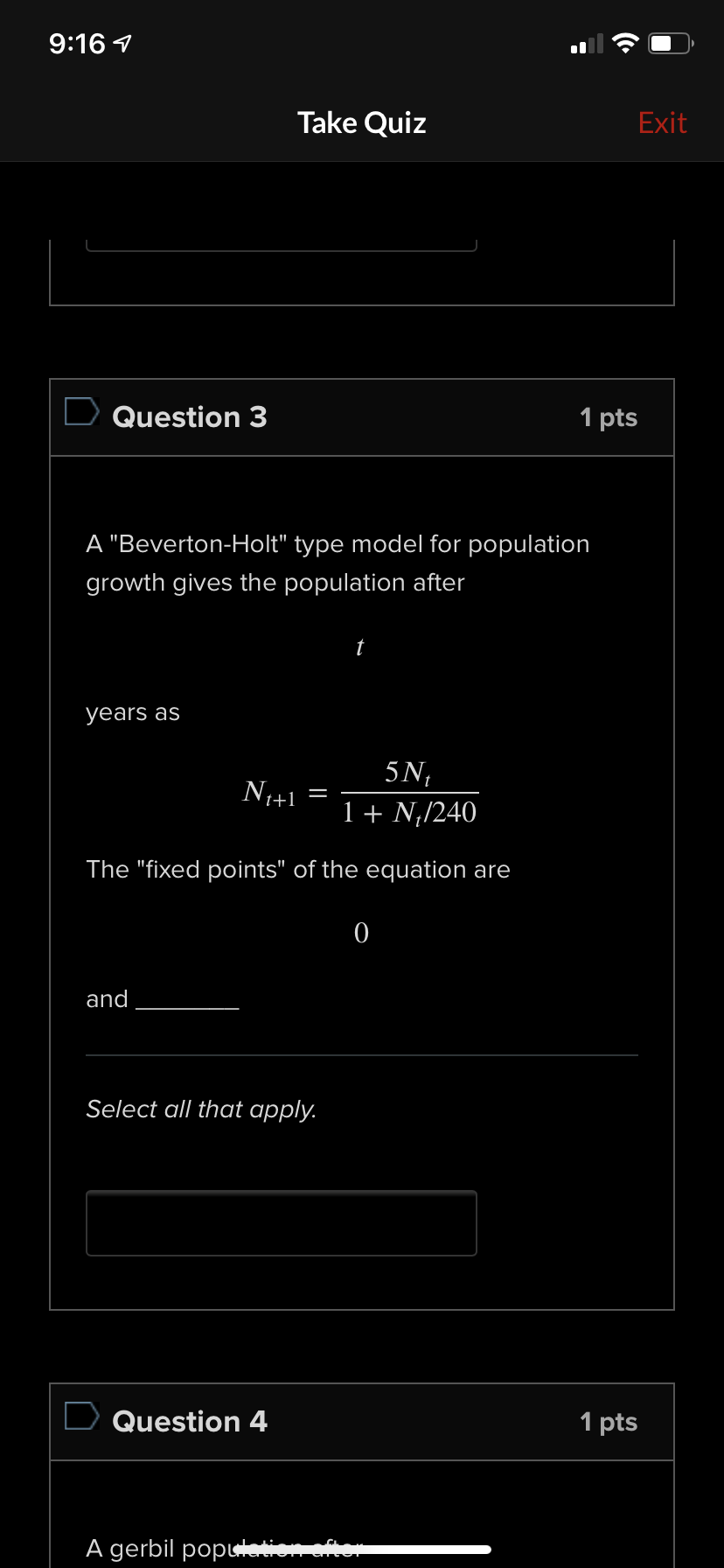 A Beverton-Holt type model for population growth gives the population after
\( t \)
years as
\[
N_{t+1}=\frac{5 N_{t}}{1+N_