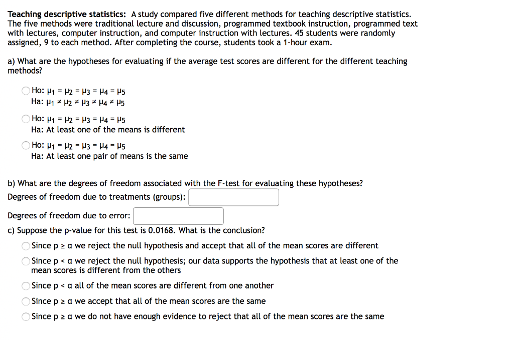 Solved Teaching Descriptive Statistics: A Study Compared | Chegg.com