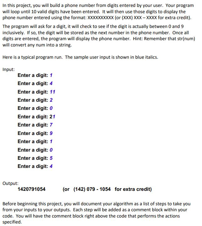 Solved In this project, you will build a phone number from | Chegg.com