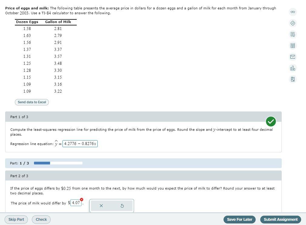 Solved Price of eggs and milk The following table presents