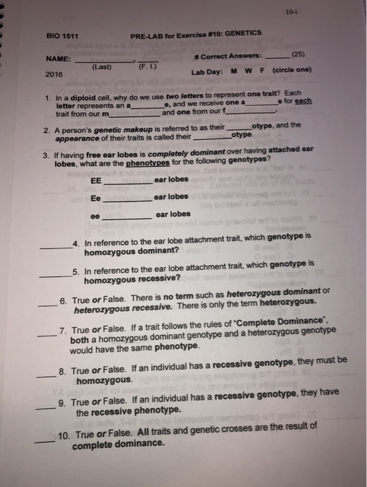 10i BIO 1511 PRELAB for Exercise 10