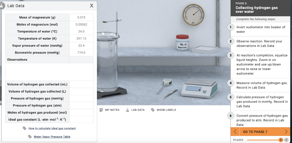 A Lab Data х PHASE 6 Collecting hydrogen gas over