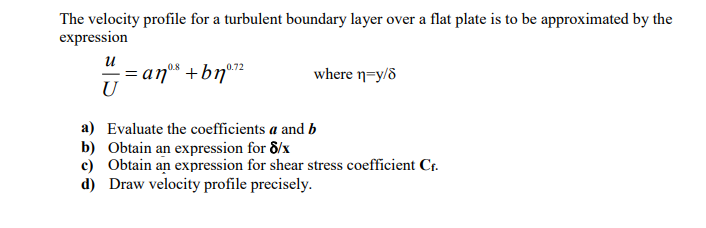 Solved The velocity profile for a turbulent boundary layer | Chegg.com