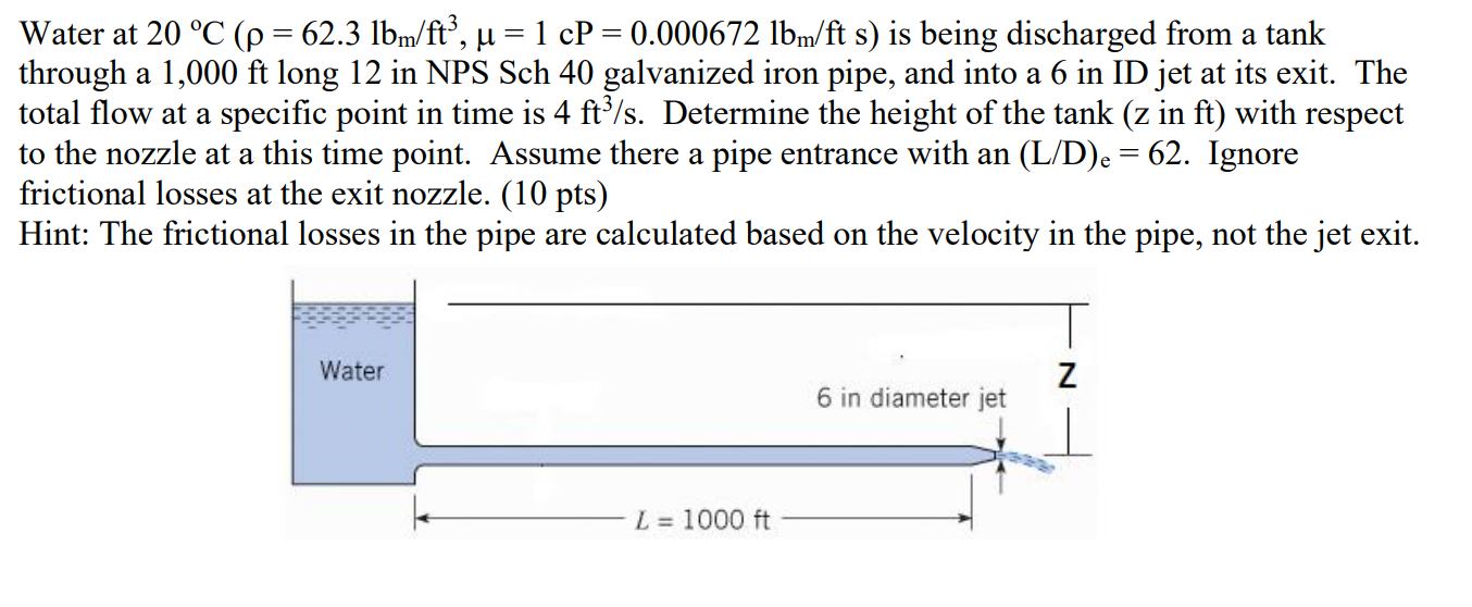 Solved Water at 20 °C (p = 62.3 lbm/ft”, u = 1 cP = 0.000672 | Chegg.com