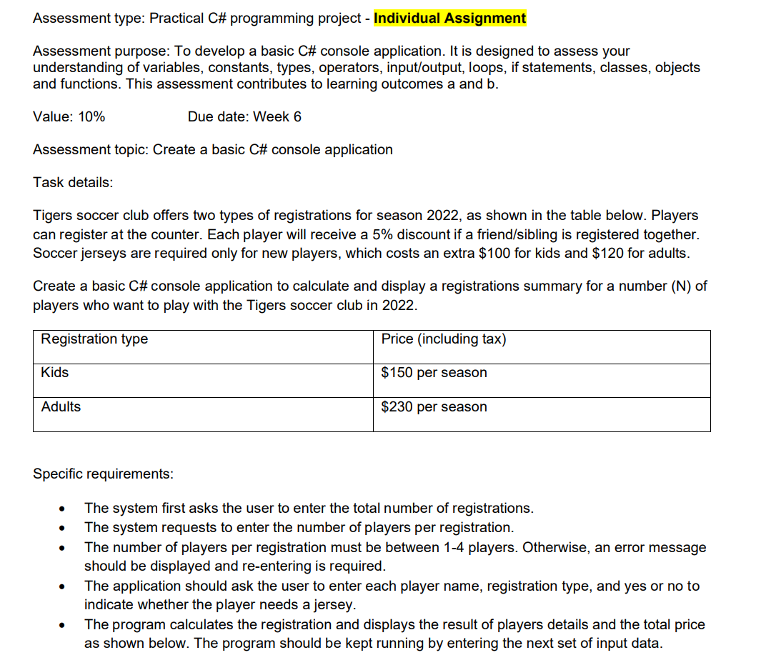 Assessment type: Practical C# programming project - | Chegg.com