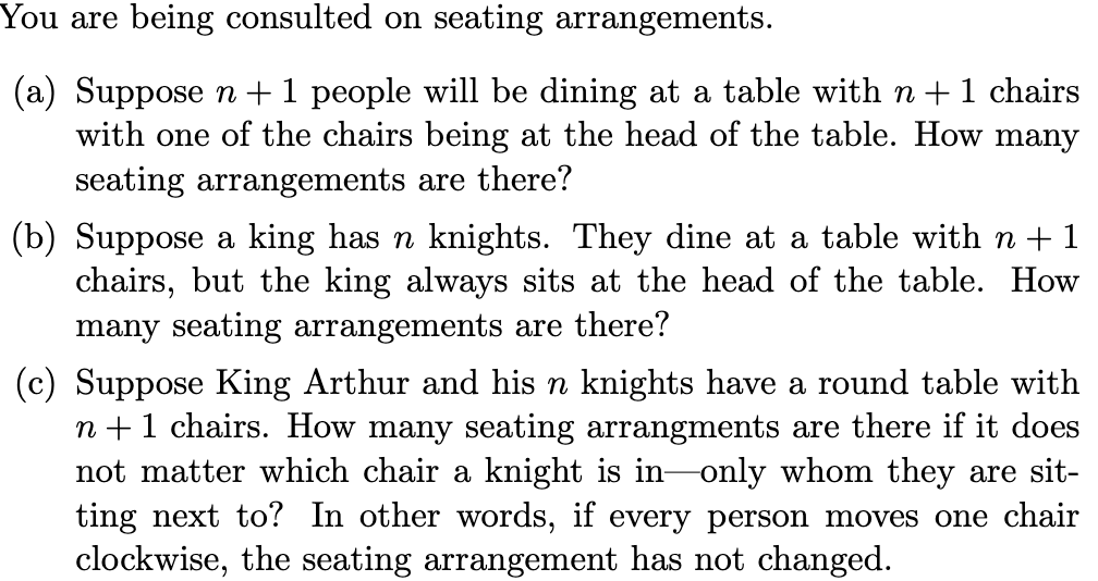 Solved You are being consulted on seating arrangements. (a) | Chegg.com