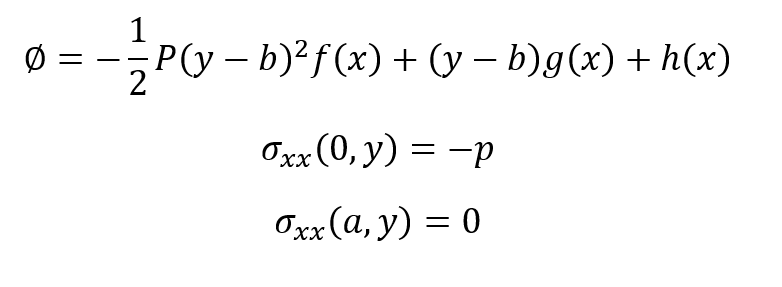 \( \begin{array}{c}\varnothing=-\frac{1}{2} P(y-b)^{2} f(x)+(y-b) g(x)+h(x) \\ \sigma_{x x}(0, y)=-p \\ \sigma_{x x}(a, y)=0\