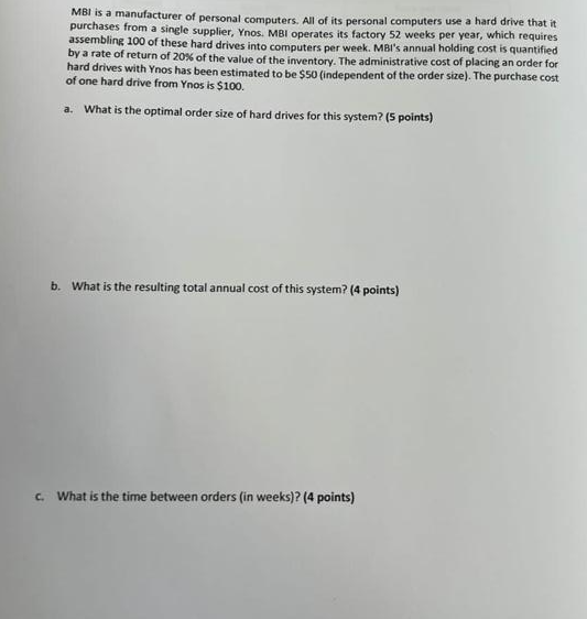 Solved MBI is a manufacturer of personal computers. All of | Chegg.com