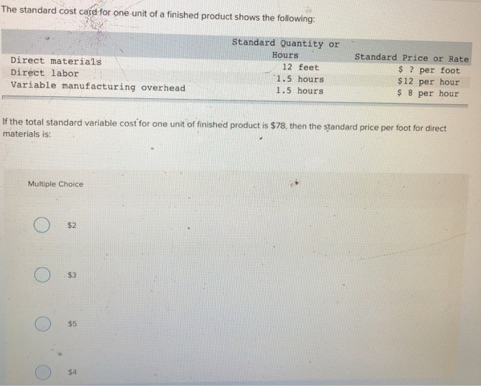 Solved The standard cost card for one unit of a finished