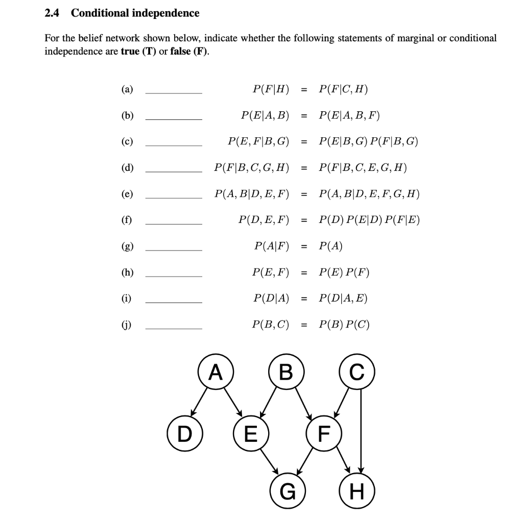 Solved 2.4 Conditional independence For the belief network | Chegg.com